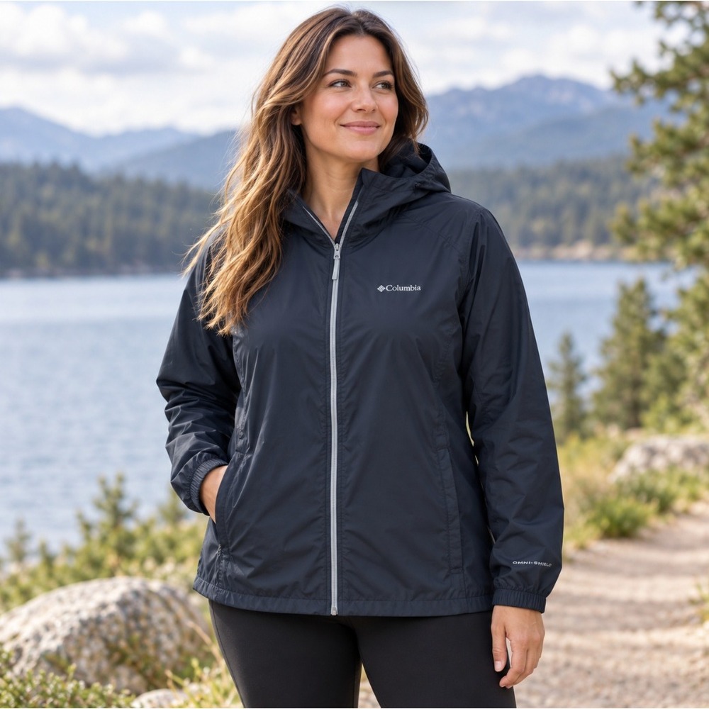 Columbia Womens Omni-Shield Black Lightweight Hooded Windbreaker Jacket XL